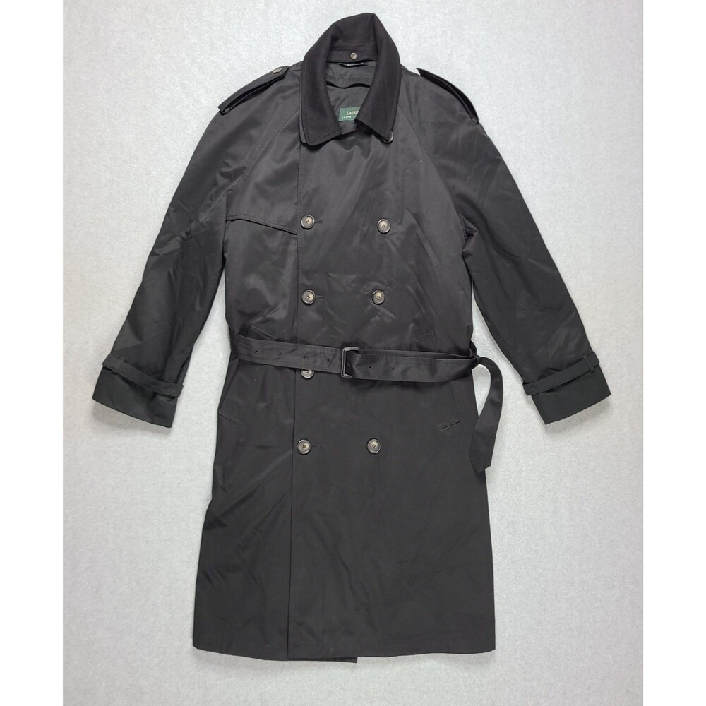 Ralph Lauren Mens Black Trench Coat Overcoat Removable Liner Belted Large 42L